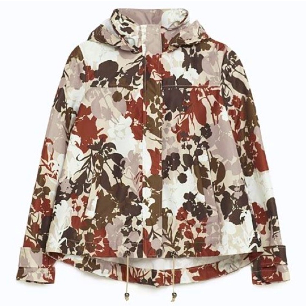 Zara Floral Hooded Windbreaker Jacket Cropped Zip Front Size S Neutral Rust